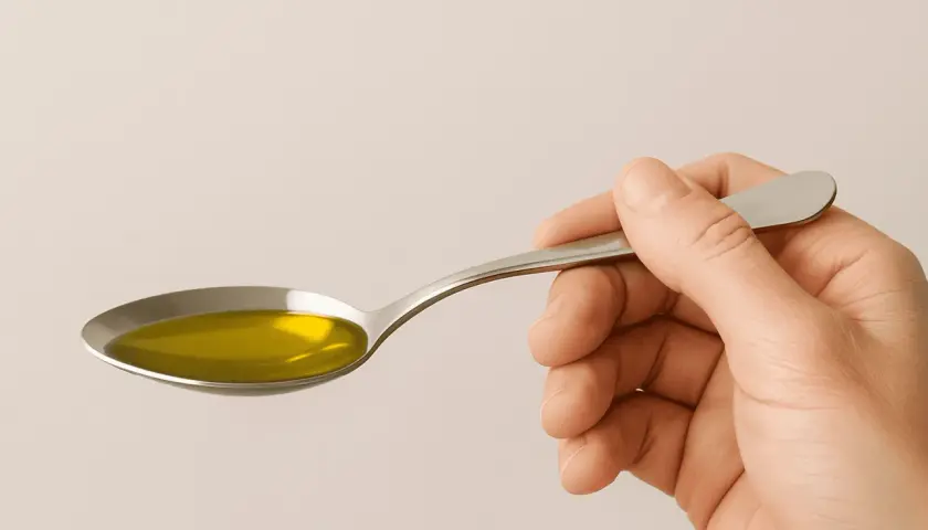 Mano sujetando una cuchara con aceite de oliva. ¿Cuánto aceite de oliva al día es saludable?