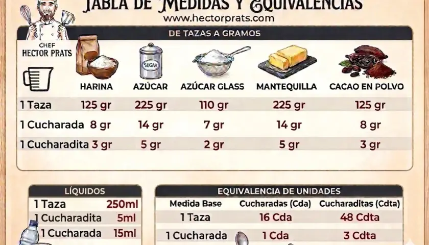 Tabla de medidas: 1 cucharada de aceite son 14 gr. Chef Hector Prats muestra equivalencias de tazas a gramos y líquidos.