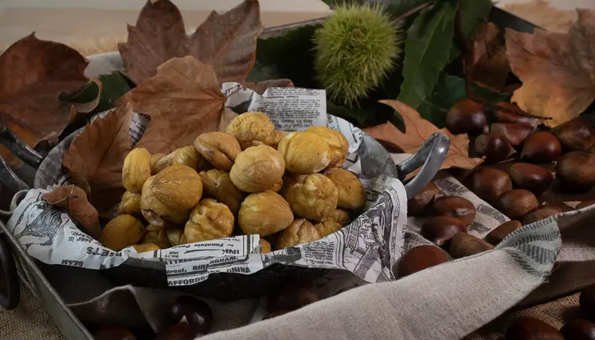 Castañas asadas en freidora de aire, doradas y apetitosas, rodeadas de hojas secas y castañas crudas.