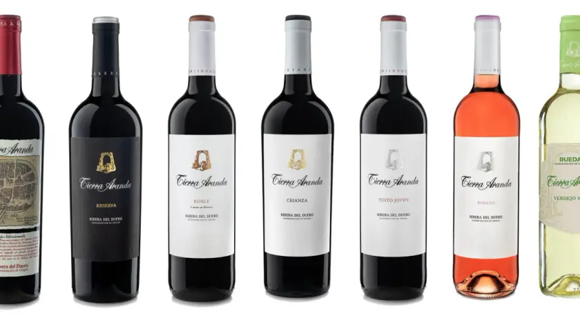 Variedad de **mejores vinos de Aranda de Duero** de la marca Tierra Aranda: tintos reserva, roble, crianza, tinto joven, rosado y blanco verdejo.
