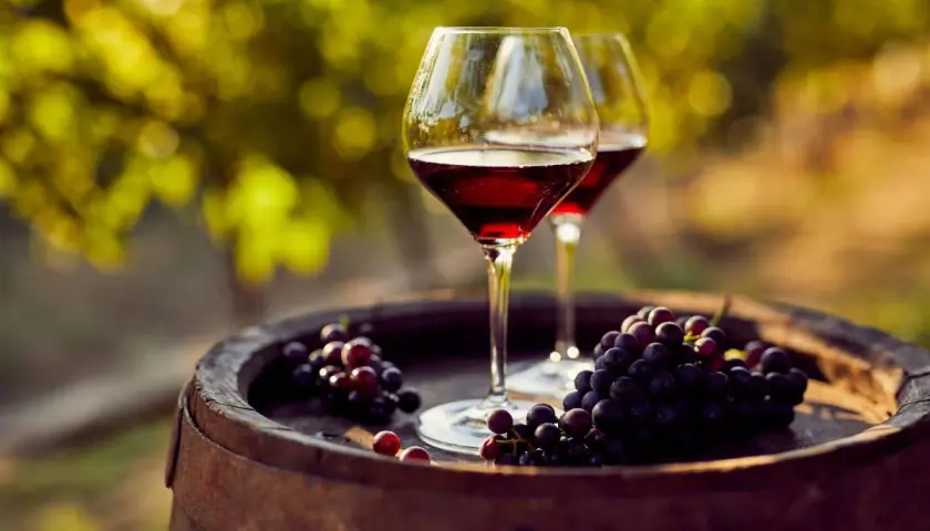 Dos copas de vino tinto y uvas moradas sobre un barril de madera, evocando las mejores añadas de vino.