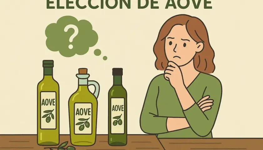 Mujer pensativa ante tres botellas de AOVE. ¿Cómo está el aceite de oliva virgen extra?