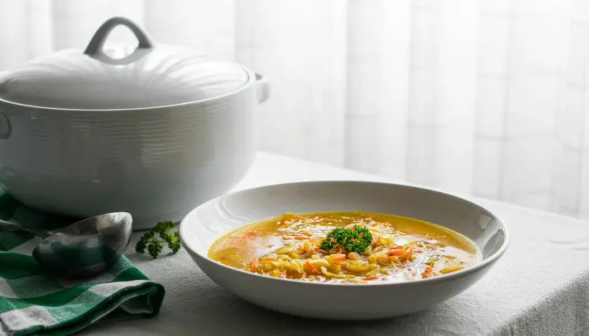 Un plato humeante de sopa juliana, con verduras cortadas finas y un toque de perejil, listo para servir desde una olla blanca.