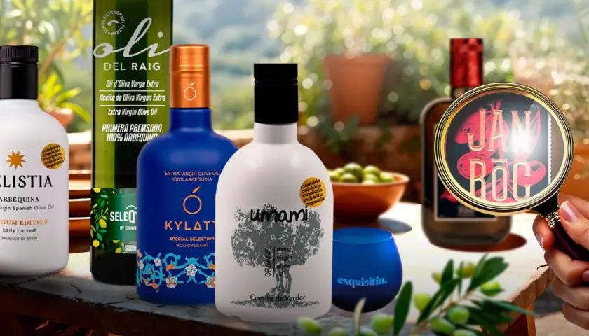 Varias botellas de aceite de oliva virgen extra, incluyendo "Umami" y "Elistia", destacando el mejor aceite del Matarraña.