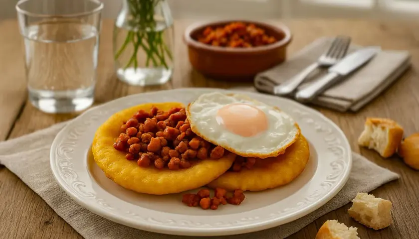 Dos tortos asturianos con chorizo y huevo frito, acompañados de pan y agua.