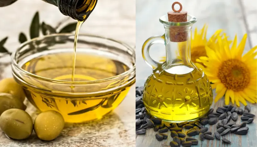 Aceite de oliva vertiéndose en un bol y aceite de girasol en una botella con girasoles. El mejor aceite de oliva para cocinar es un tesoro culinario.