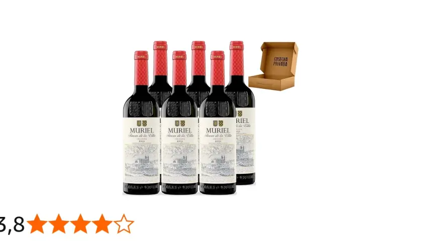 Seis botellas de vino tinto de Bodegas Muriel, Fincas de la Villa, Crianza Rioja, con sus características etiquetas y un pequeño detalle de "Cosecha Privada" en una caja abierta.