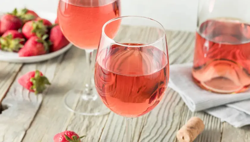 Dos copas de vino rosado y fresas frescas, un vistazo a como se hace el vino rosado.
