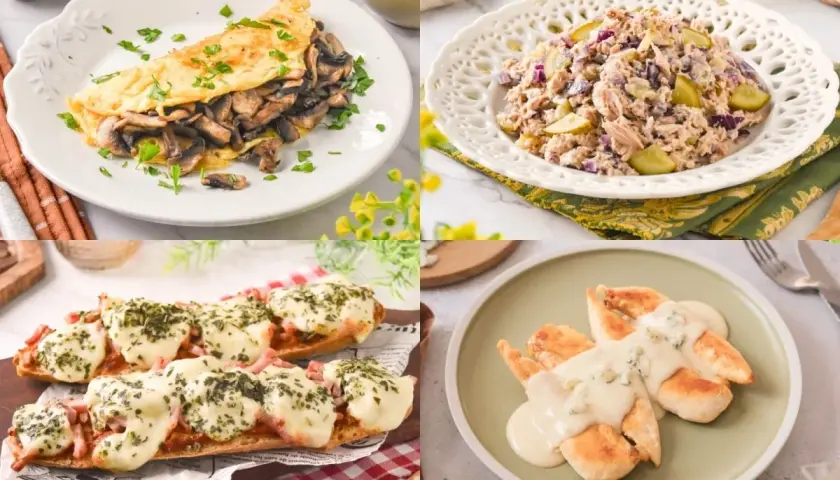 Tortilla de champiñones, ensalada de atún, pan con queso y pollo en salsa. ¡Ideas deliciosas para tus recetas para cenar!