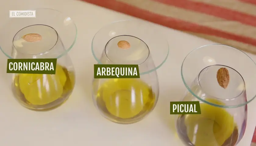 Aceites de oliva virgen extra: Cornicabra, Arbequina y Picual. Cada uno con una aceituna, mostrando los distintos nutrientes del aceite de oliva.