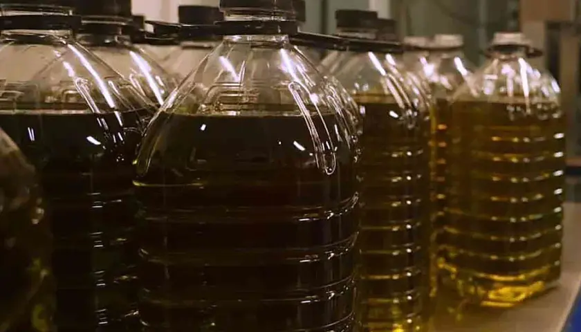 Botellas de plástico con aceite de oliva oscuro y claro. Podría ser aceite lampante, un aceite de baja calidad para lámparas.