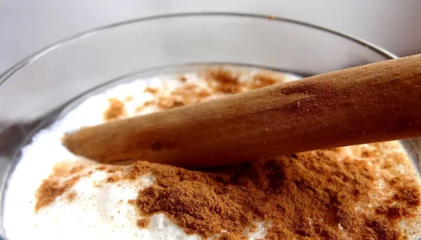 Vaso de leche merengada con canela en polvo y una rama de canela.