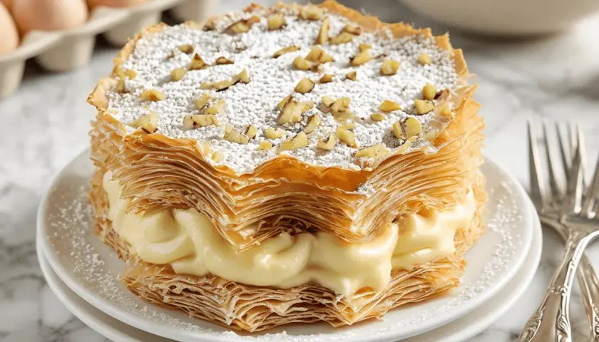 Deliciosa tarta árabe con capas crujientes de hojaldre, rellena de crema pastelera y espolvoreada con azúcar glas y nueces.