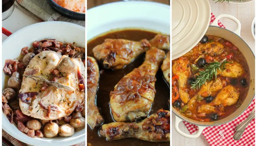 Tres platos de pollo en salsa: uno con champiñones y tocino, otro con muslos dorados y uno más con aceitunas y pimientos.