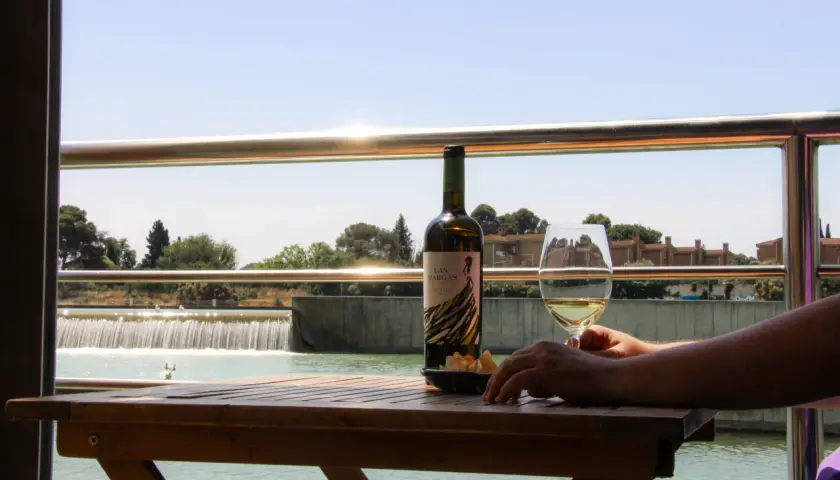 Una botella y copa de vino blanco sobre una mesa de madera, con una cascada al fondo. ¿Será este el mejor vino para disfrutar del paisaje?