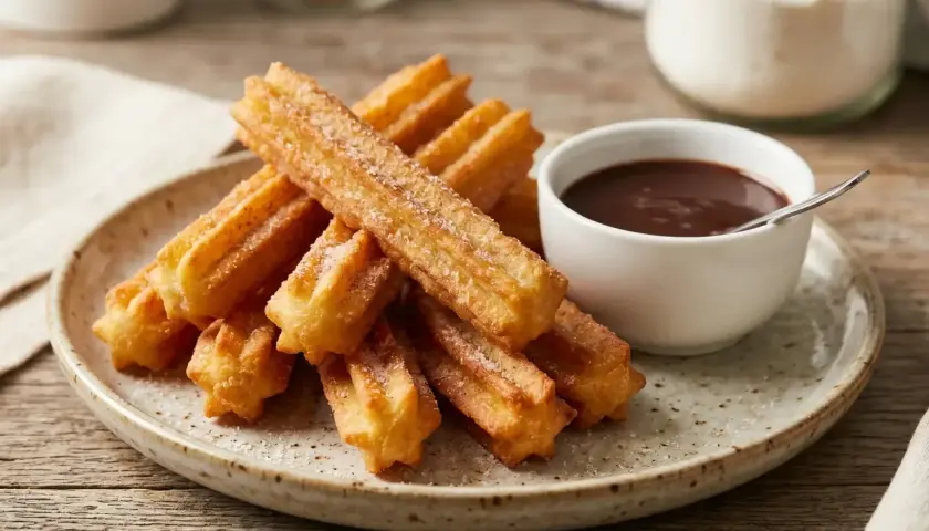 Deliciosos churros sin gluten espolvoreados con azúcar, servidos con una taza de chocolate caliente.
