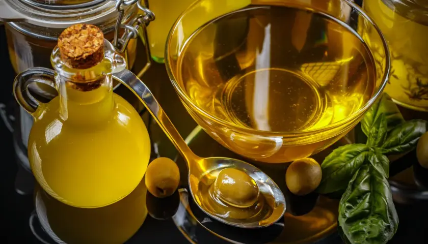Botella de aceite de oliva, cuenco con aceite, cuchara con aceituna y hojas de albahaca. El precio del aceite de oliva va a subir.