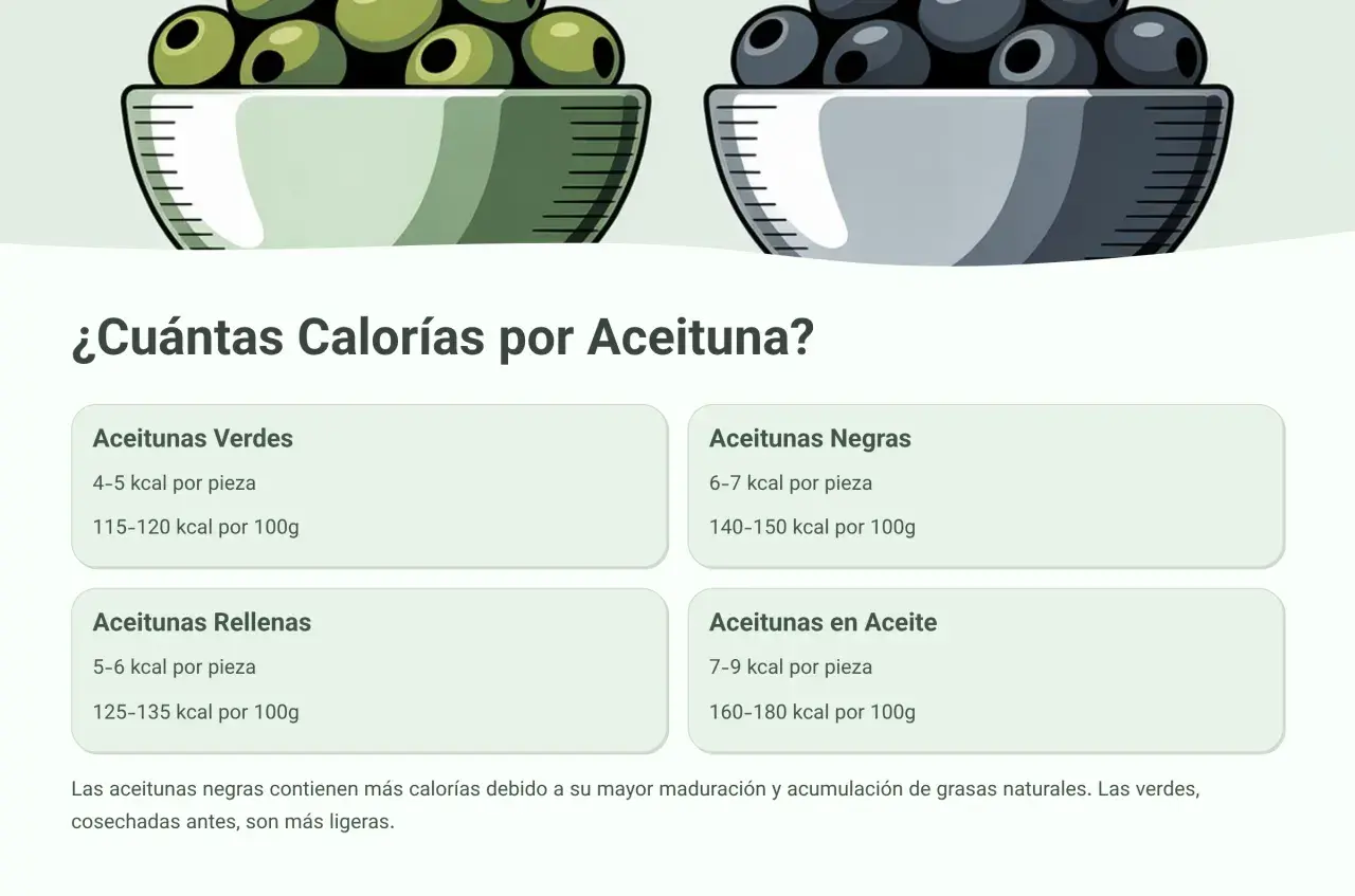 ¿Cuántas calorías tienen las olivas? Las aceitunas negras tienen más calorías (140-150 kcal/100g) que las verdes (115-120 kcal/100g).