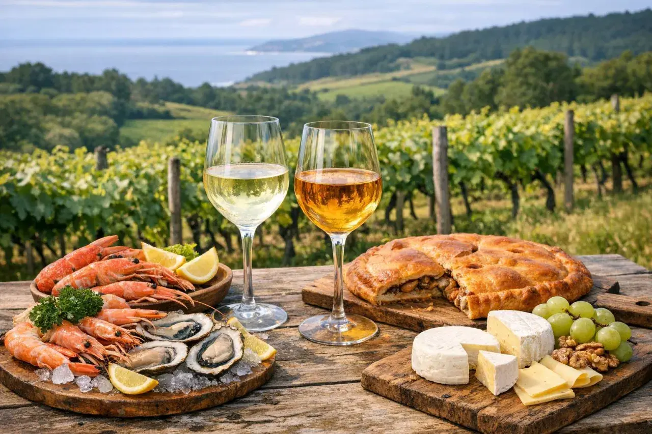 Dos copas de vino blanco, una con un tono más dorado, acompañan mariscos, tarta y quesos en un viñedo. ¿El albariño es dulce o seco?