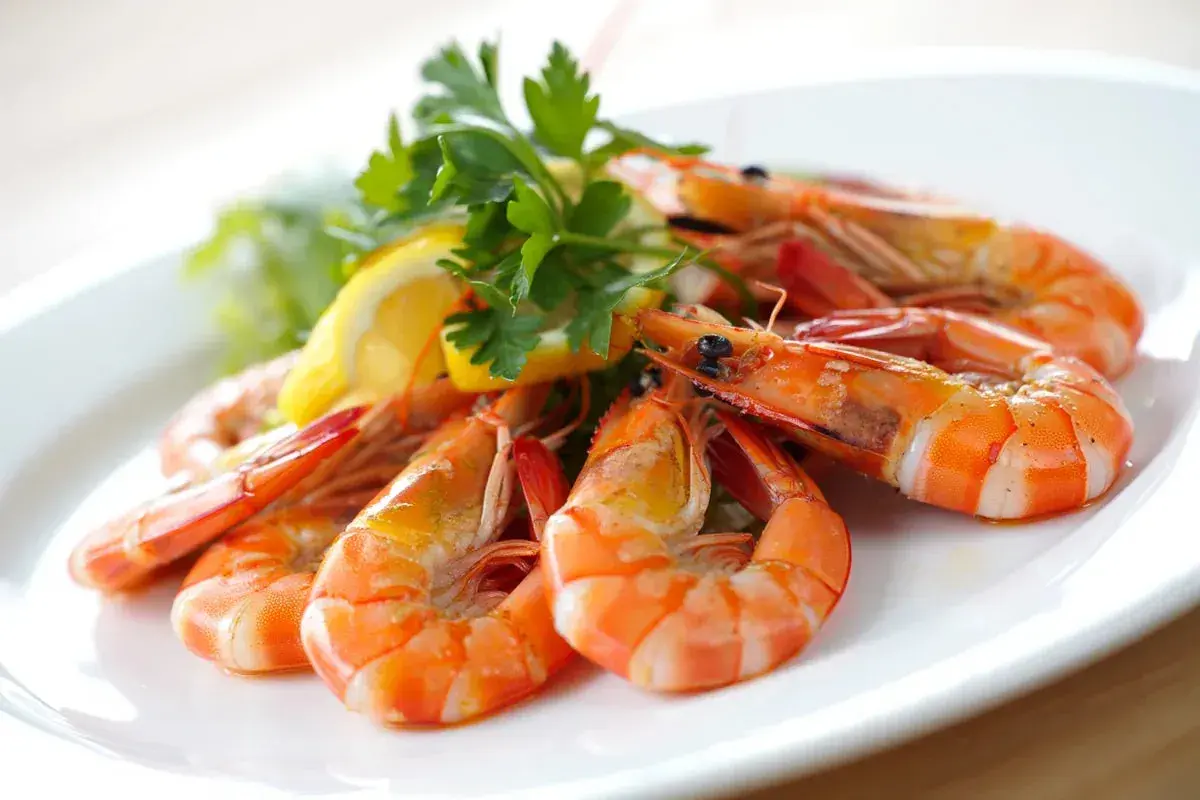 Un plato de gambas al ajillo, jugosas y doradas, adornado con perejil fresco y rodajas de limón. ¡Un manjar irresistible!
