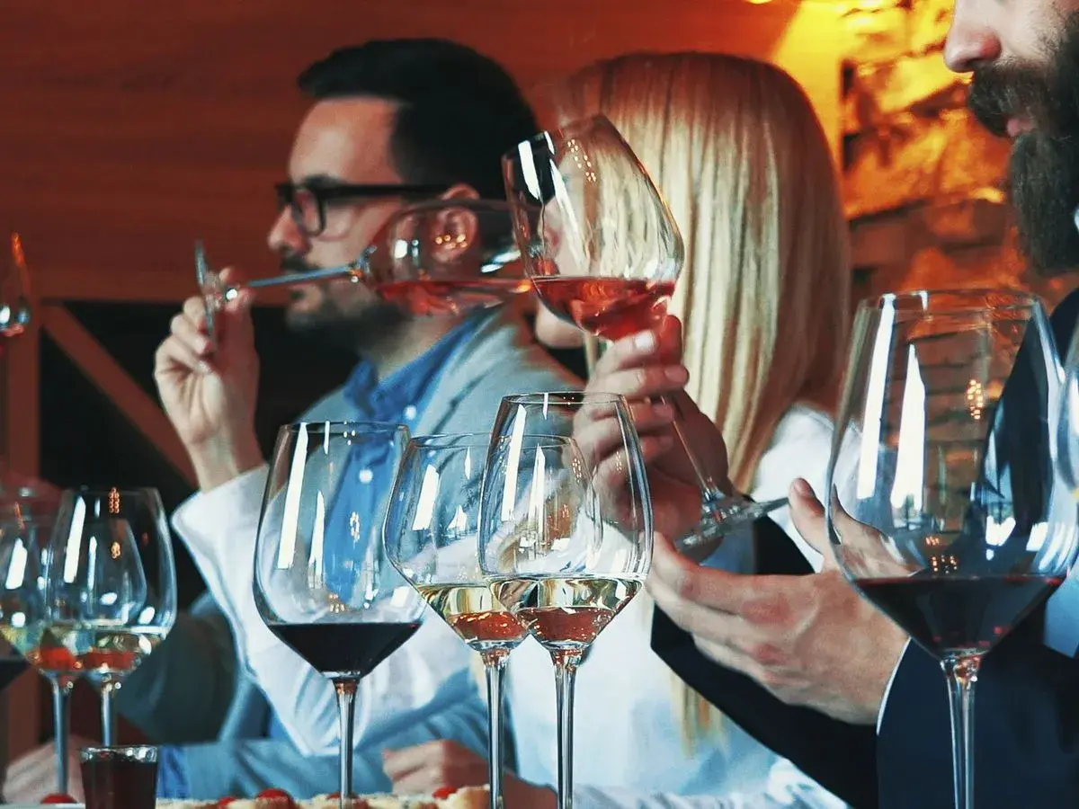 Degustación de vinos. Personas disfrutan de copas de vino tinto y rosado, aprendiendo qué es un vino generoso.