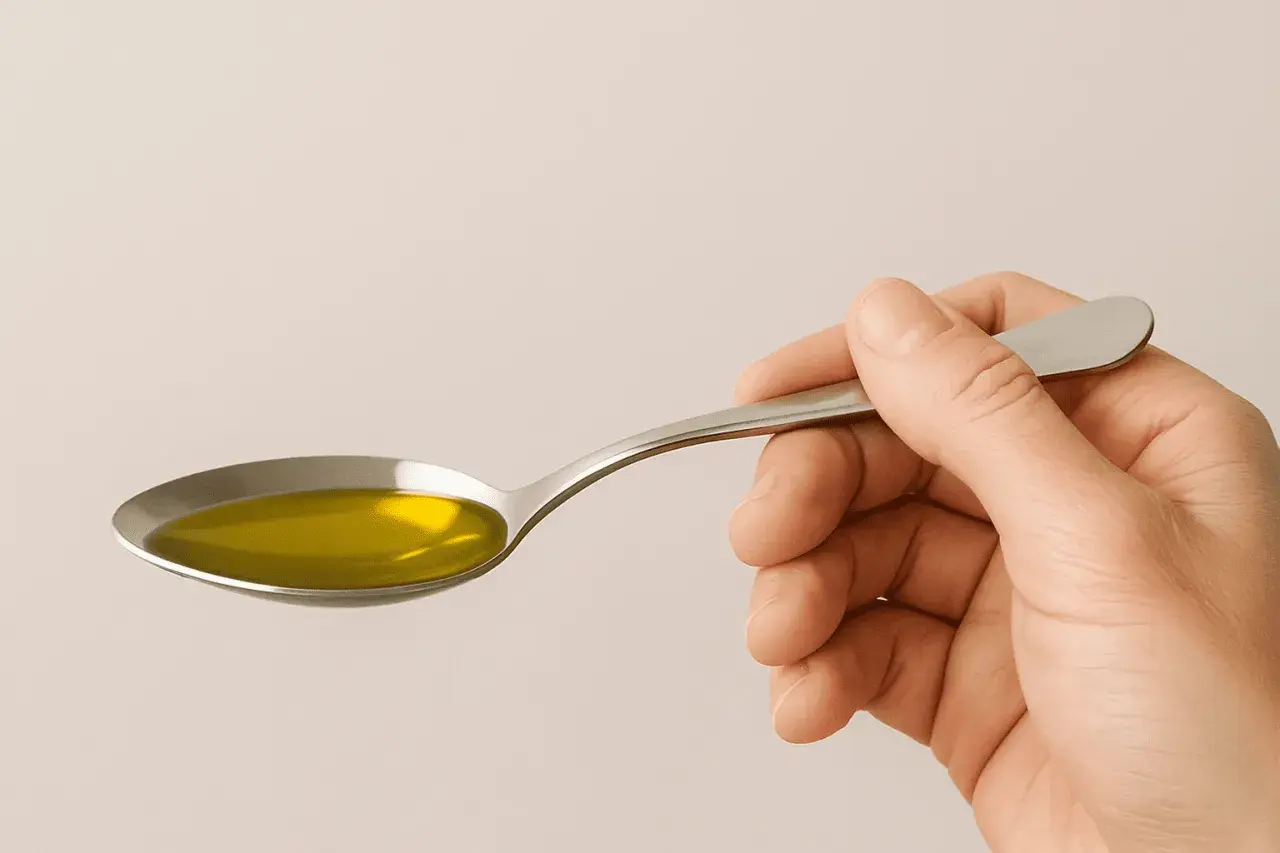 Mano sujetando una cuchara con aceite de oliva. ¿Cuánto aceite de oliva al día es saludable?