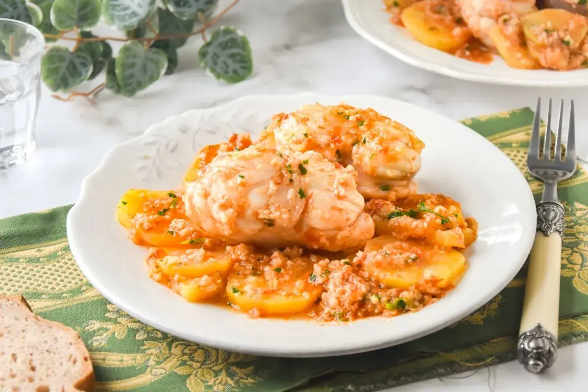 Rape con patatas en salsa de tomate, servido en plato blanco con tenedor y pan.