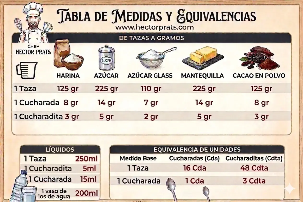 Tabla de medidas: 1 cucharada de aceite son 14 gr. Chef Hector Prats muestra equivalencias de tazas a gramos y líquidos.