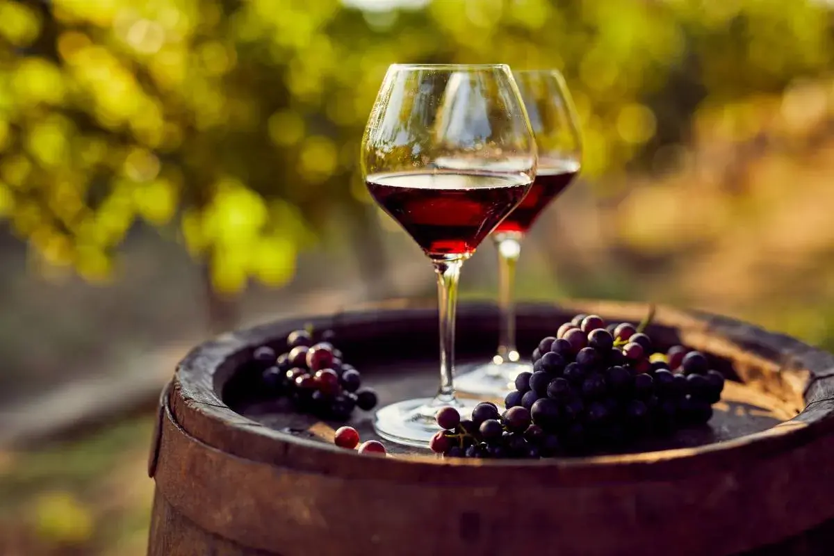 Dos copas de vino tinto y uvas moradas sobre un barril de madera, evocando las mejores añadas de vino.