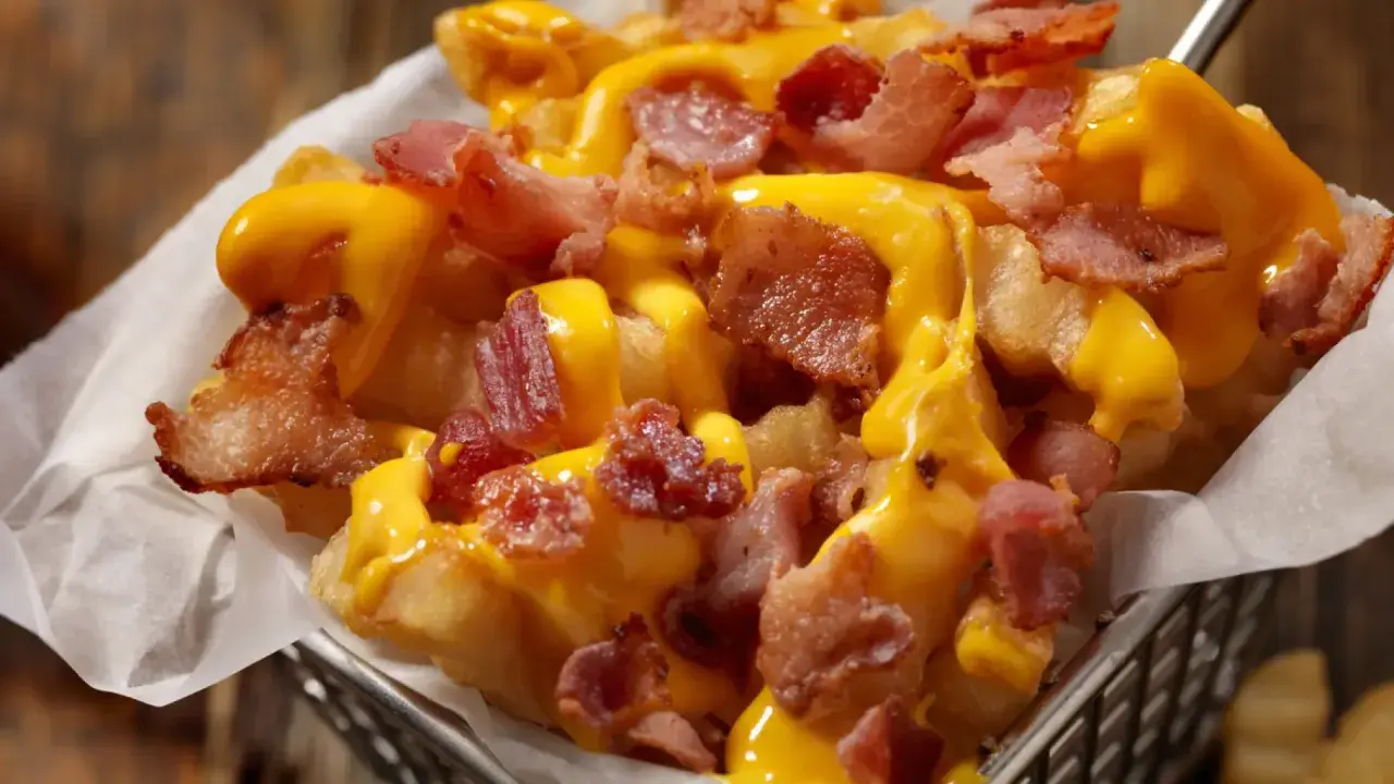 Patatas fritas crujientes cubiertas con queso fundido y trozos de bacon ahumado. ¡Un placer irresistible!