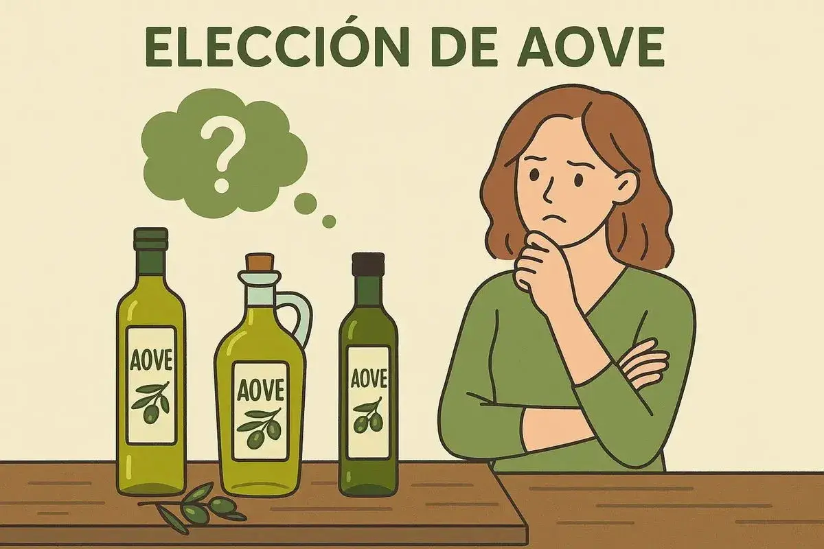Mujer pensativa ante tres botellas de AOVE. ¿Cómo está el aceite de oliva virgen extra?