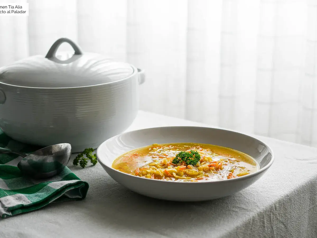 Un plato humeante de sopa juliana, con verduras cortadas finas y un toque de perejil, listo para servir desde una olla blanca.