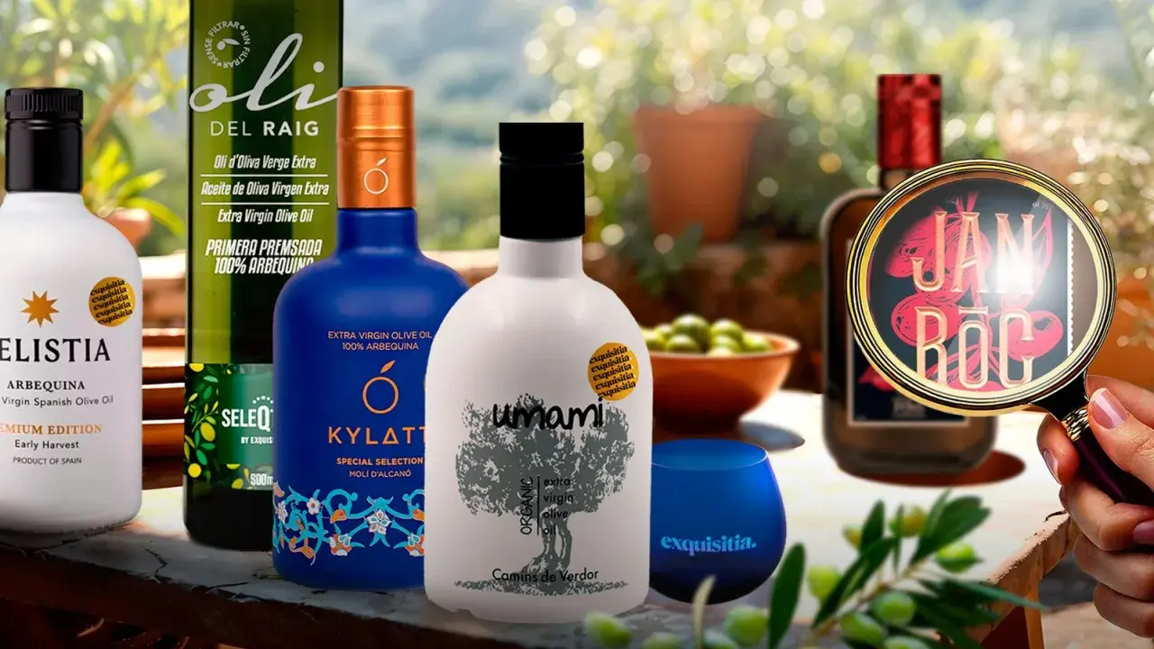 Varias botellas de aceite de oliva virgen extra, incluyendo "Umami" y "Elistia", destacando el mejor aceite del Matarraña.