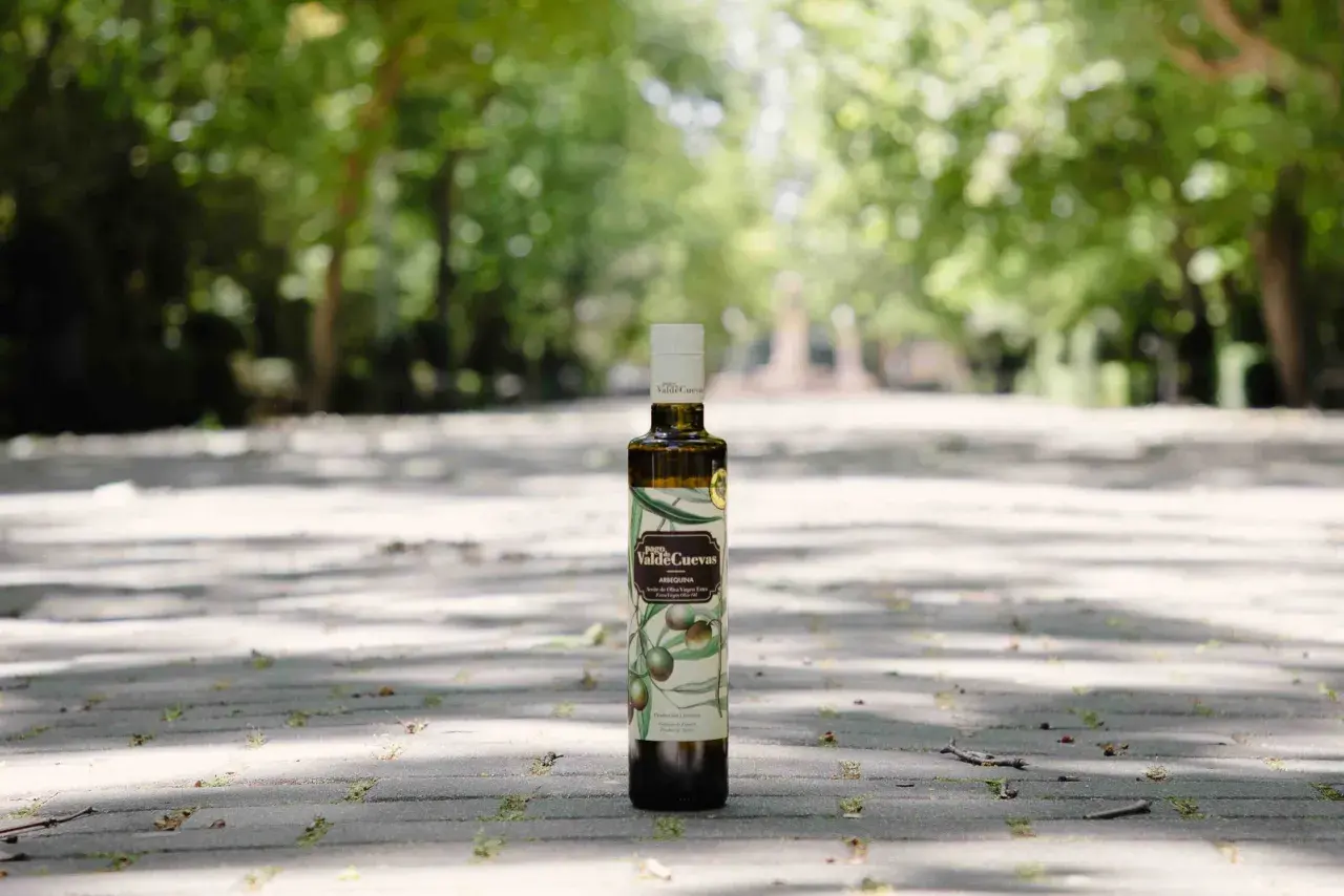 Aceite de oliva virgen extra de la almazara Pago de Valdecuevas, en botella oscura, sobre un camino de baldosas con árboles al fondo.