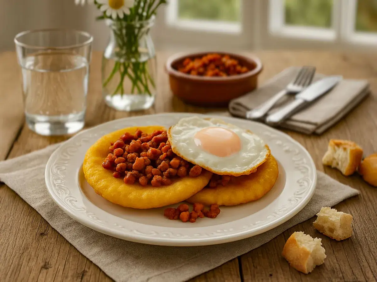 Dos tortos asturianos con chorizo y huevo frito, acompañados de pan y agua.