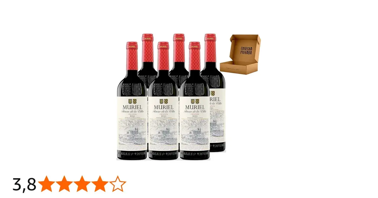 Seis botellas de vino tinto de Bodegas Muriel, Fincas de la Villa, Crianza Rioja, con sus características etiquetas y un pequeño detalle de "Cosecha Privada" en una caja abierta.