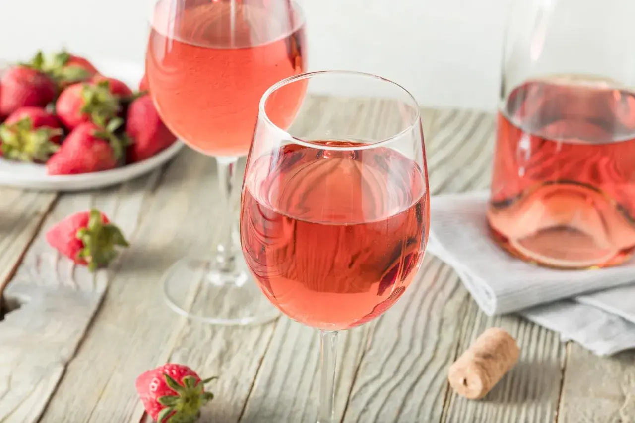 Dos copas de vino rosado y fresas frescas, un vistazo a como se hace el vino rosado.