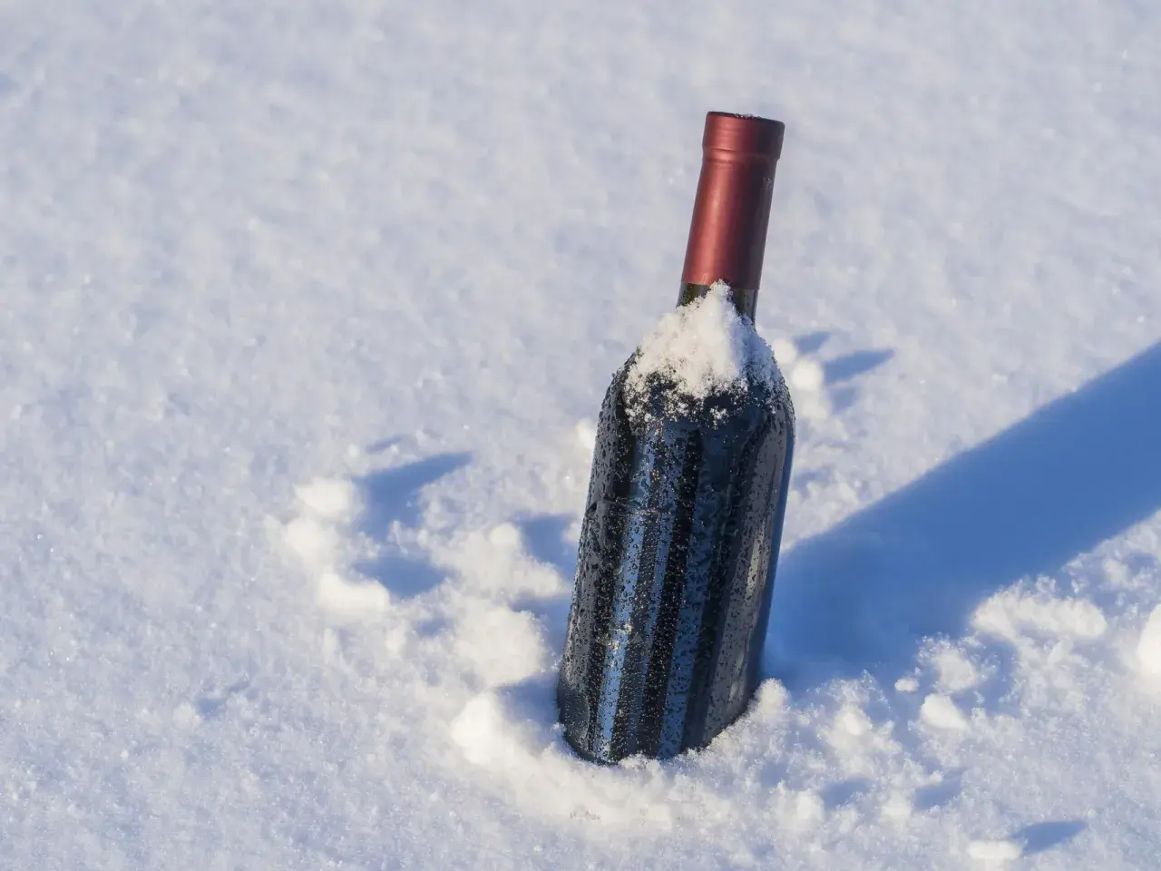 Botella de vino tinto cubierta de nieve, parece que el vino se congela en la nieve.