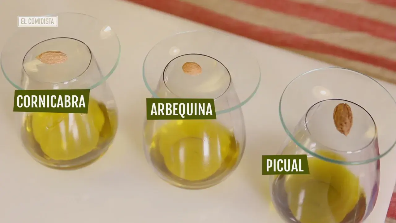 Aceites de oliva virgen extra: Cornicabra, Arbequina y Picual. Cada uno con una aceituna, mostrando los distintos nutrientes del aceite de oliva.