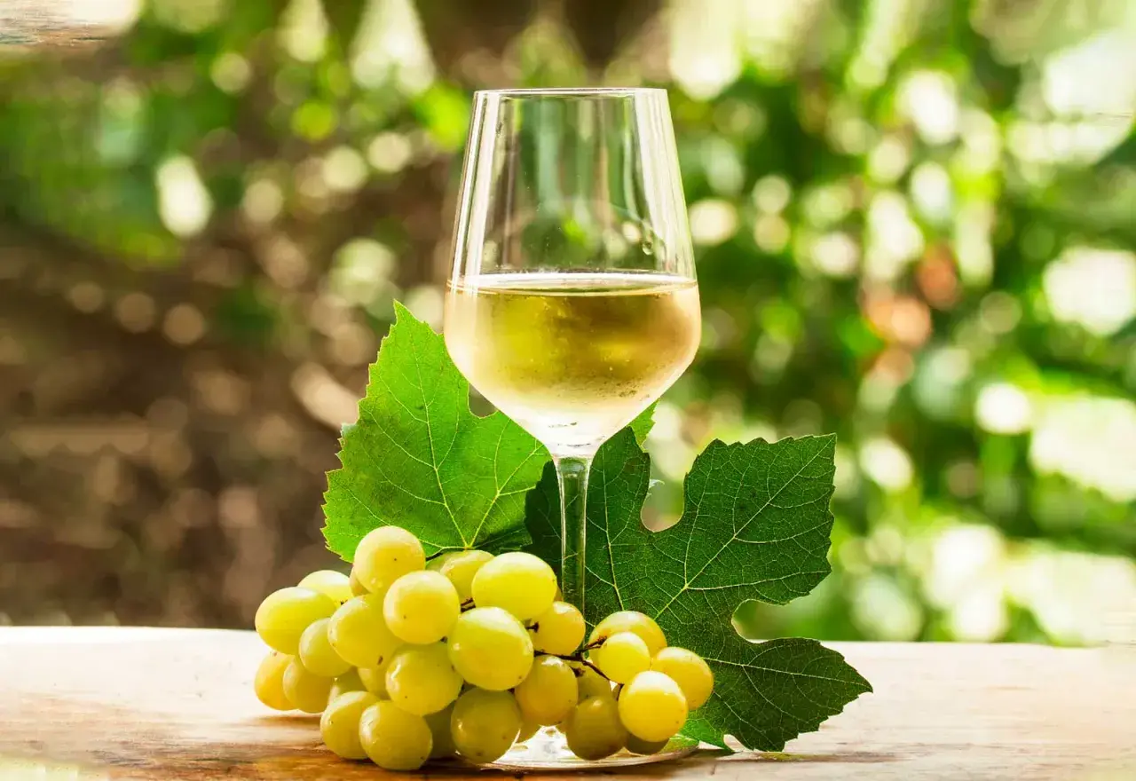Copa de vino blanco con uvas verdes y hojas, evocando la diferencia entre Rueda y Verdejo.