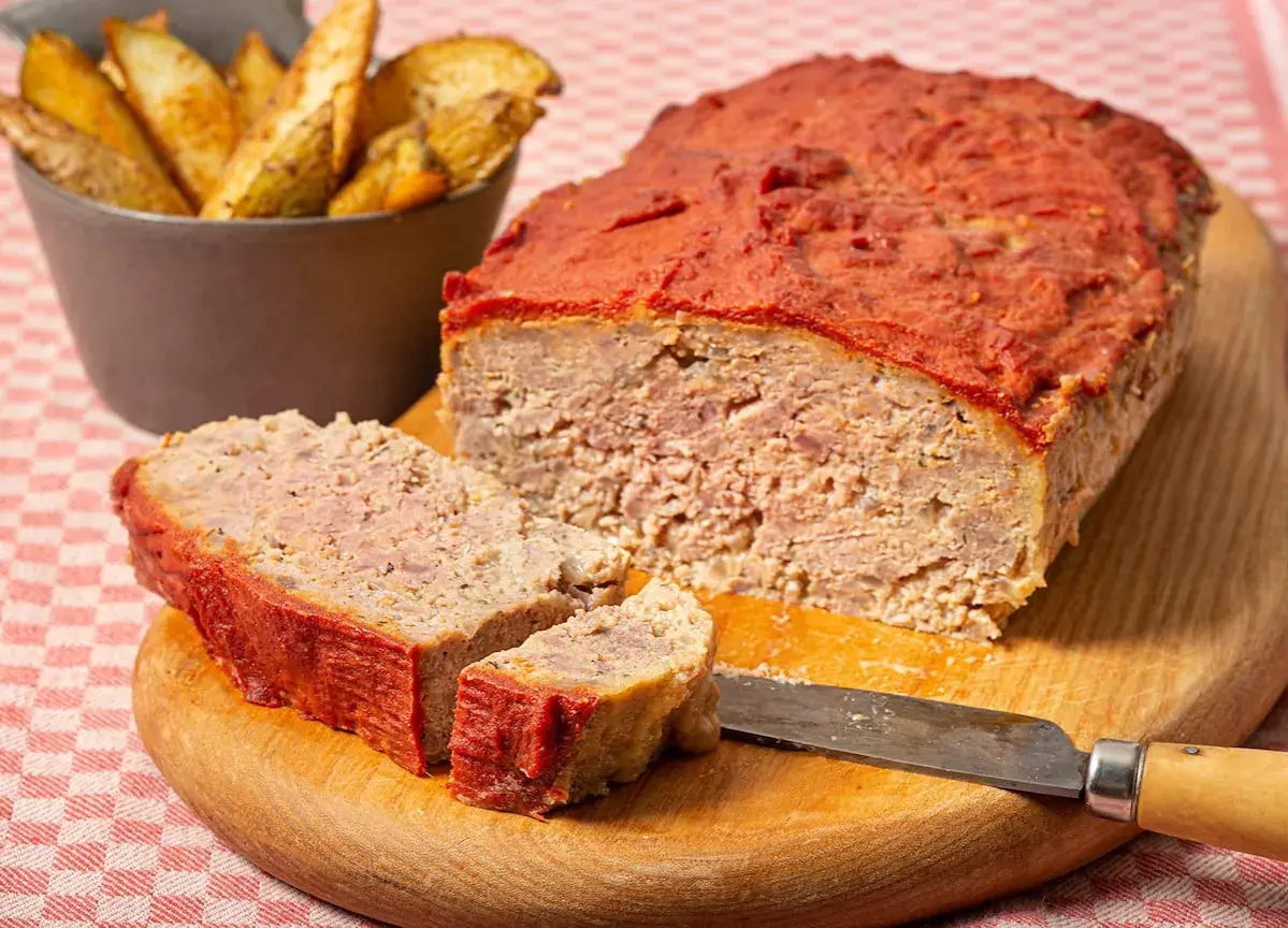 Un delicioso pastel de carne picada cubierto de salsa de tomate, servido con patatas gajo.