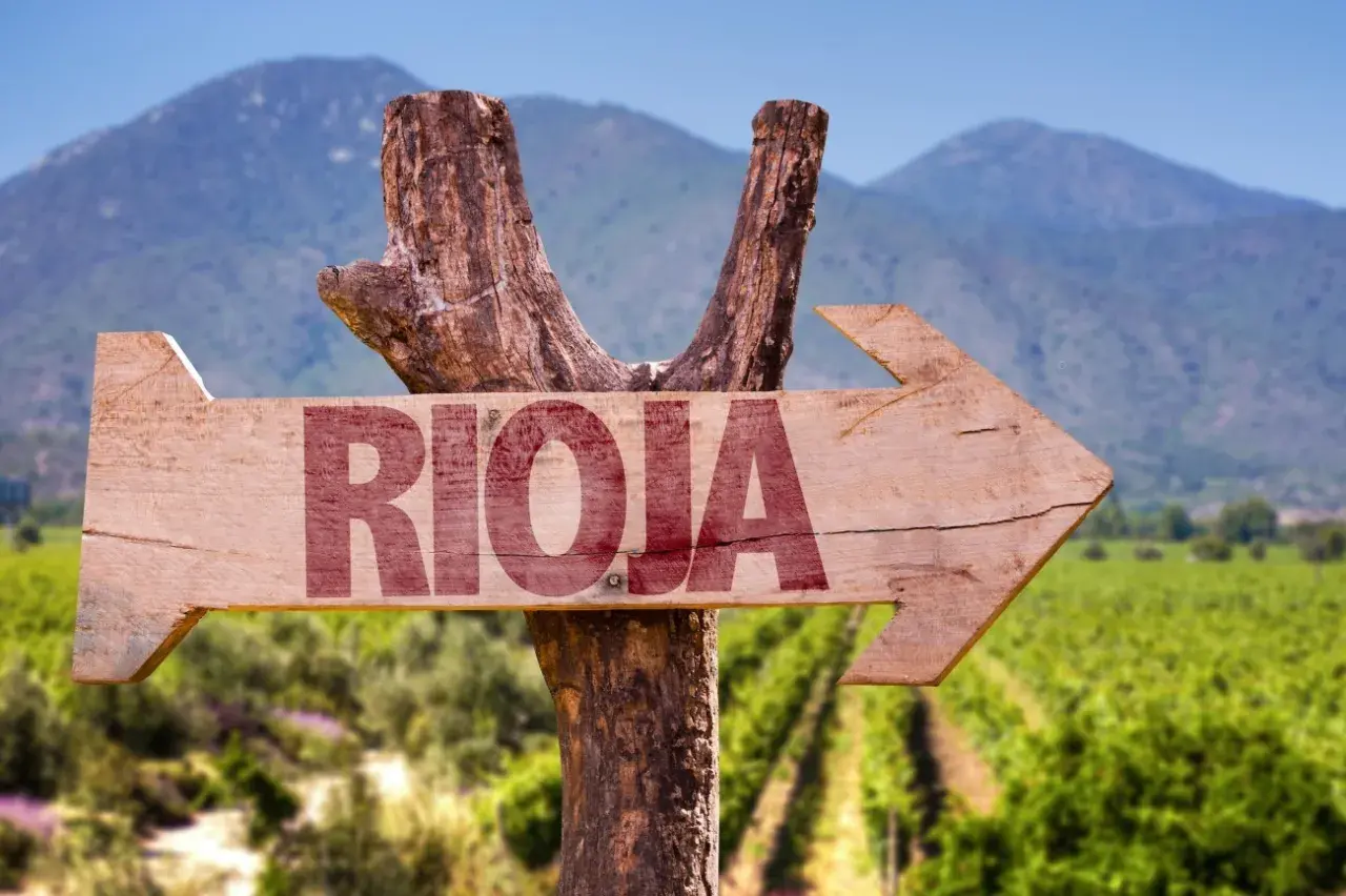 Flecha de madera rústica con la palabra "RIOJA" en rojo, apuntando hacia un paisaje de viñedos y montañas.
