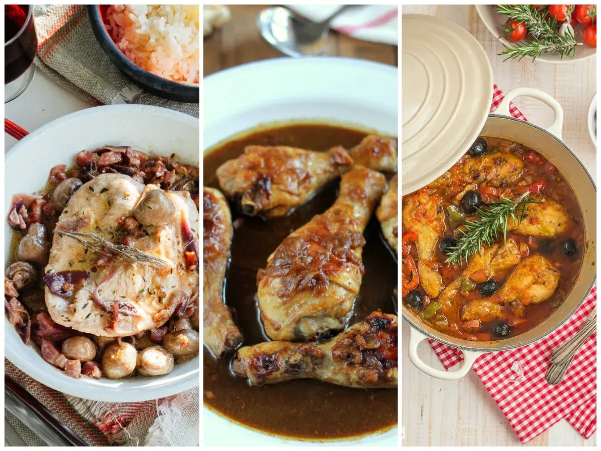 Tres platos de pollo en salsa: uno con champiñones y tocino, otro con muslos dorados y uno más con aceitunas y pimientos.