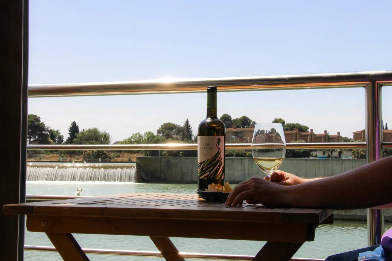 Una botella y copa de vino blanco sobre una mesa de madera, con una cascada al fondo. ¿Será este el mejor vino para disfrutar del paisaje?