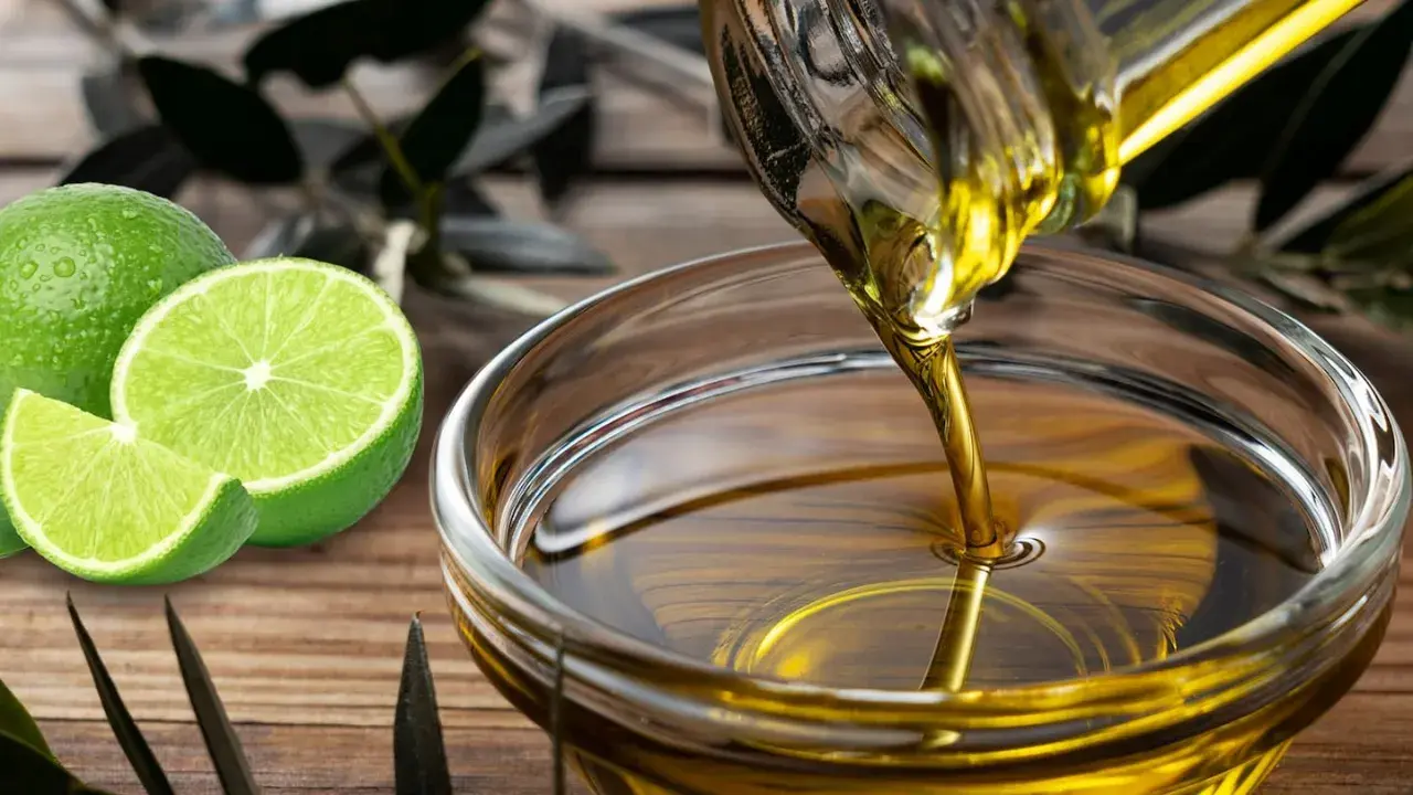 Aceite y limón en ayunas: conoce las contraindicaciones. Se ve aceite vertiéndose en un cuenco, junto a limones frescos.