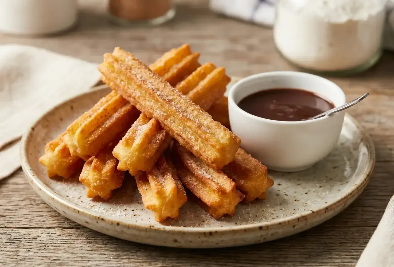 Deliciosos churros sin gluten espolvoreados con azúcar, servidos con una taza de chocolate caliente.