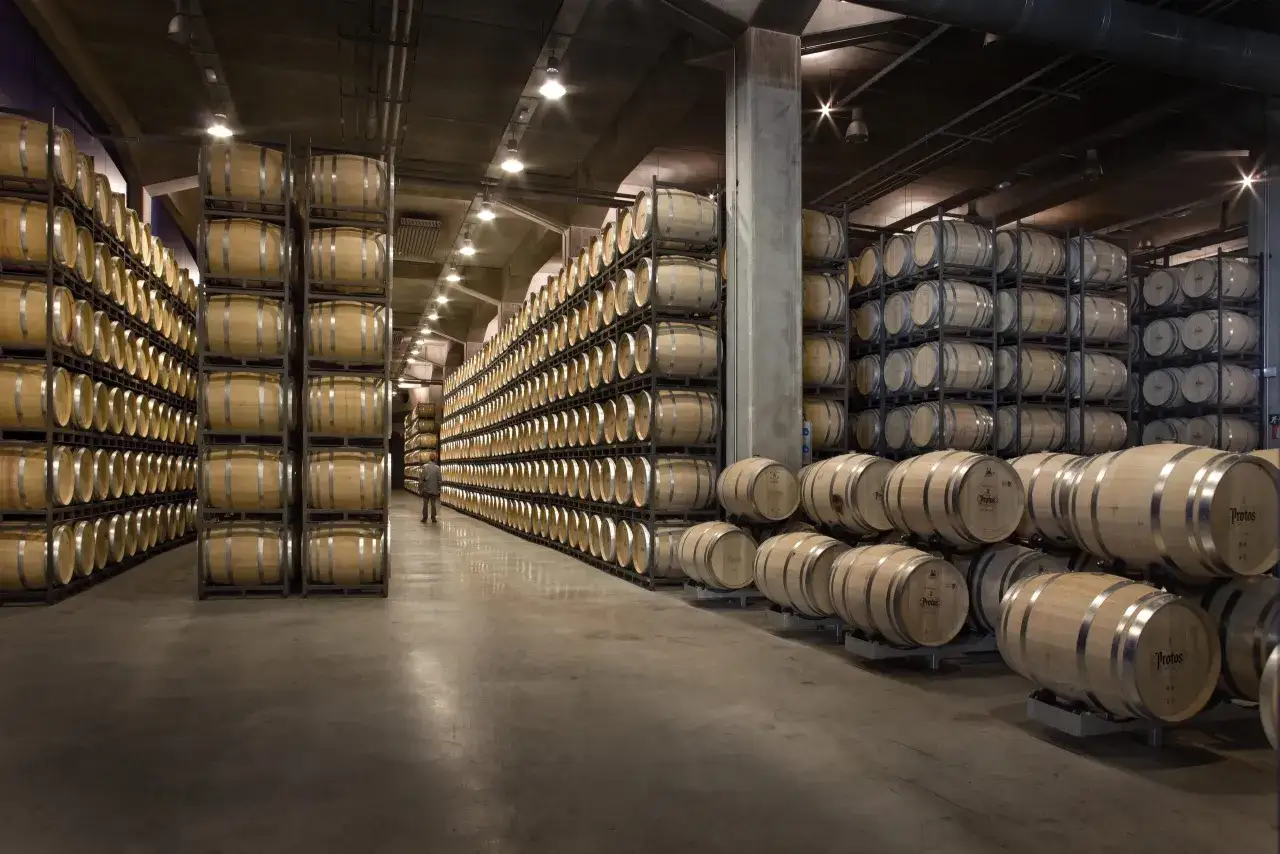 Bodega con hileras de barricas de roble apiladas, mostrando el proceso de c&oacute;mo se hace el vino.