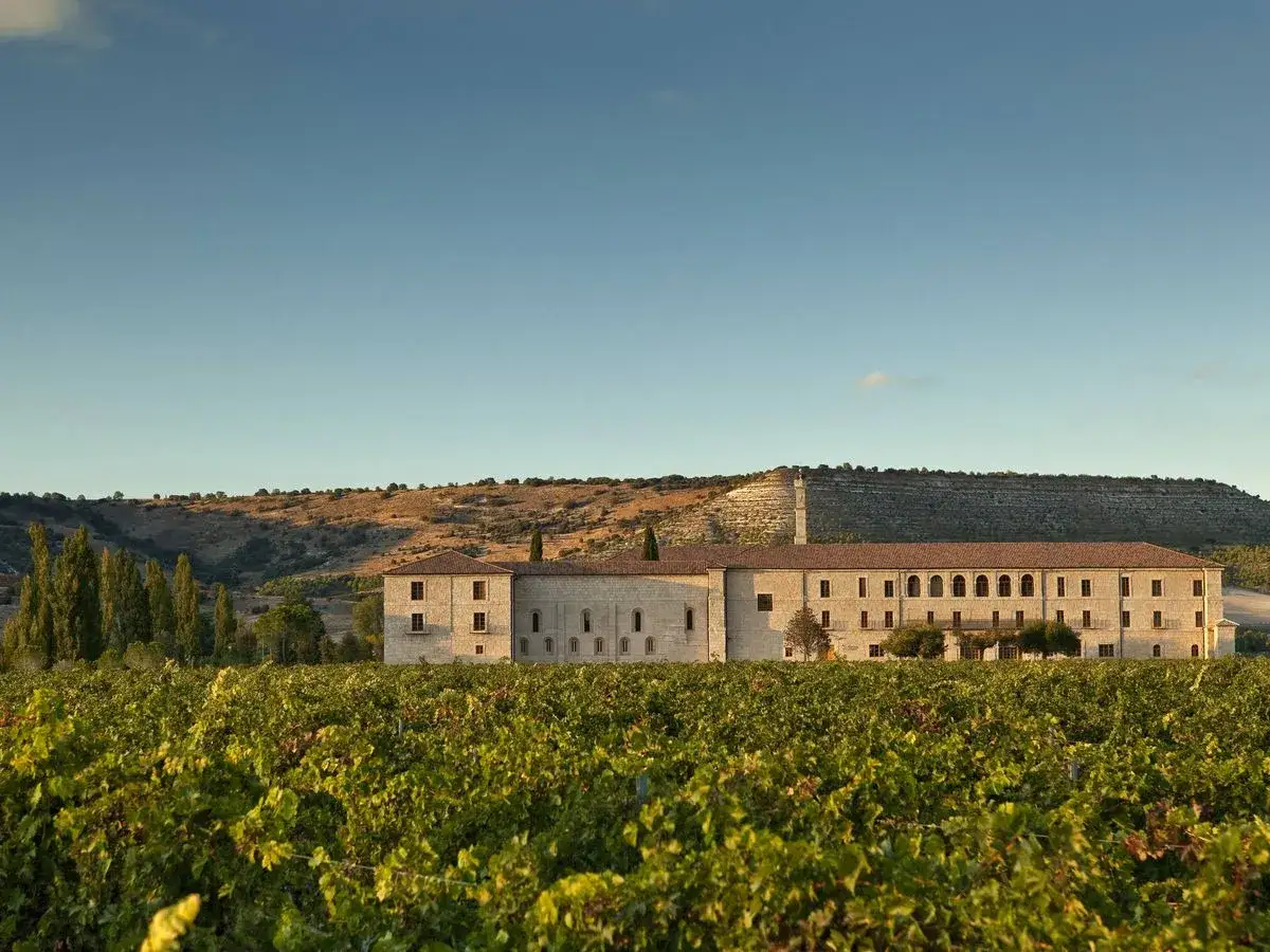 Finca Los Aljibes, un edificio hist&oacute;rico rodeado de vi&ntilde;edos bajo un cielo azul.
