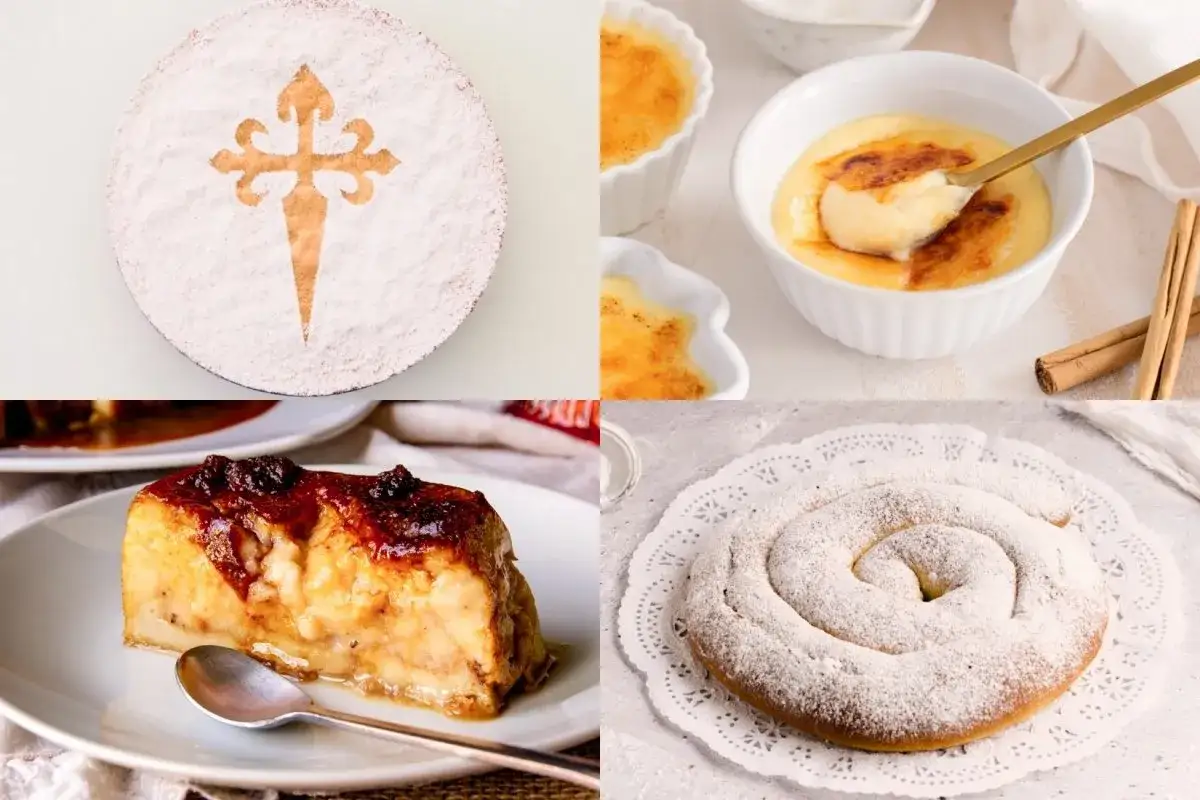 Deliciosos postres caseros: tarta con cruz, crema catalana, pastel de frutas y ensaimada espolvoreada.