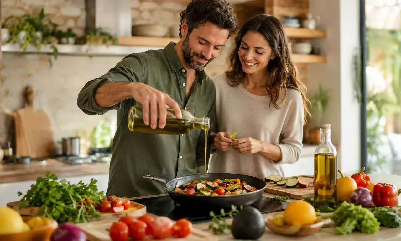 Hombre vierte aceite de oliva crudo sobre verduras en sart&eacute;n. Mujer sonr&iacute;e.